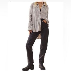 Free People My Best Velvet  Ruched Button Up Gray Oversized Shirt Sz M